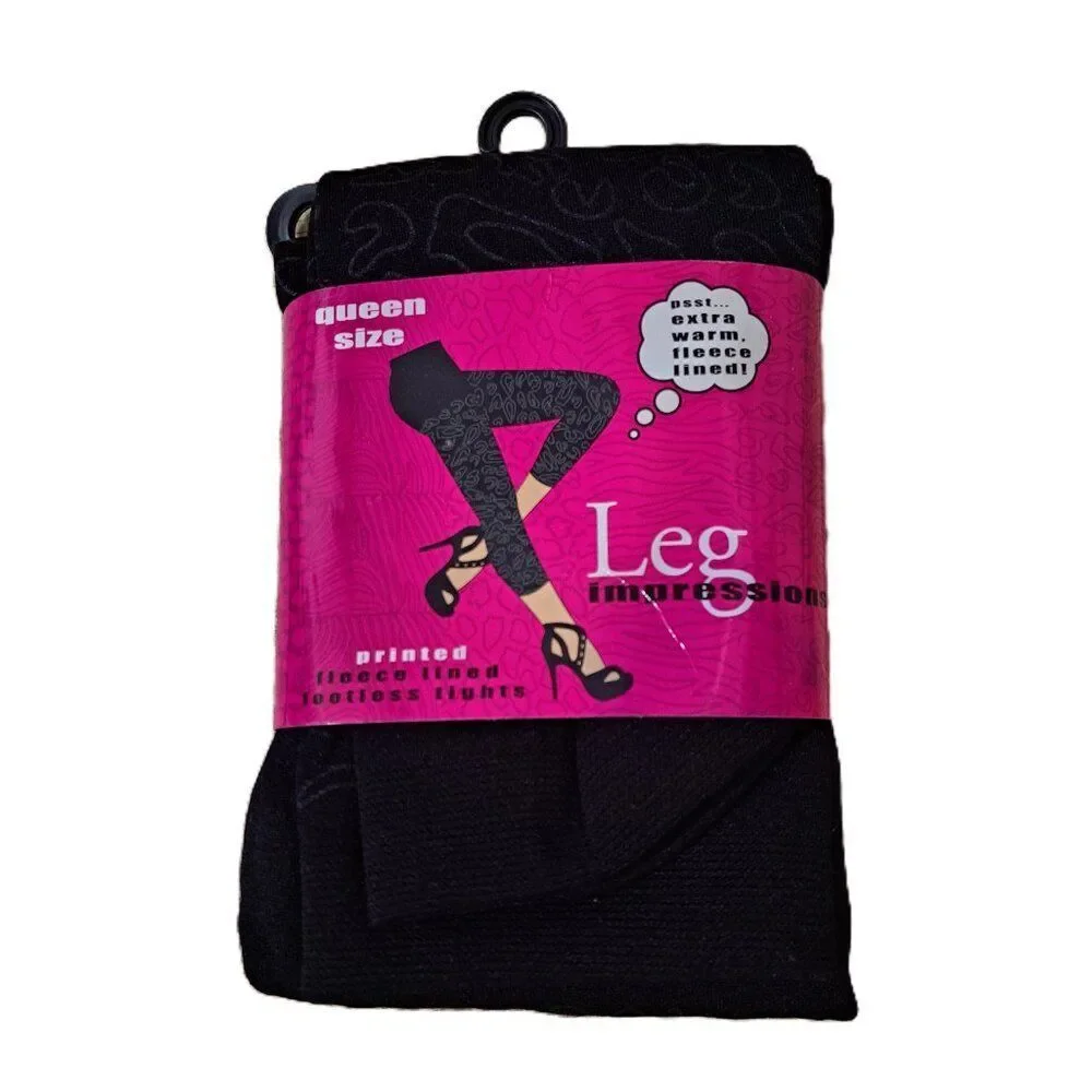 Leg Impressions Women's Footless Black Printed Fleece Lined Tight Sz Queen